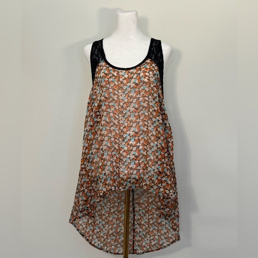 Free People Semi Sheer High Low Orange Floral Tank Top with Black Lace Straps